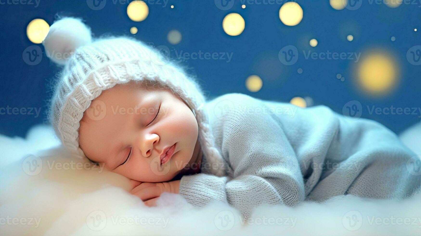 ai generato carino addormentato bambino nel un' divertente cappello su un' sfocato sfondo con bokeh. ai generato illustrazione. foto