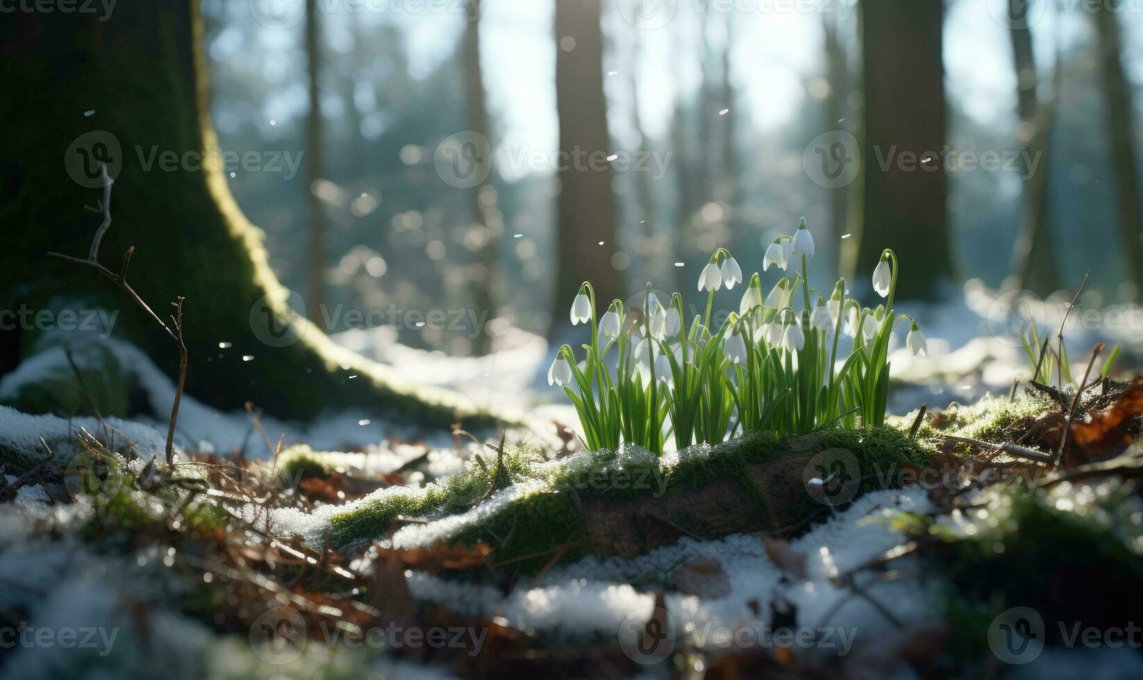 ai generato bellissimo bucaneve fiori in crescita nel foresta, avvicinamento. presto primavera. selettivo messa a fuoco, bokeh leggero foto