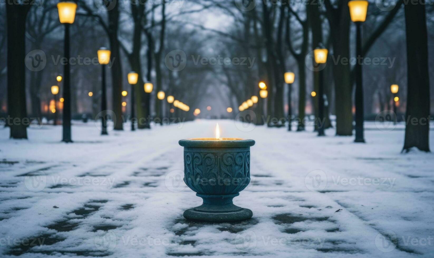 ai generato candela su il strada nel inverno con lanterne nel il sfondo foto
