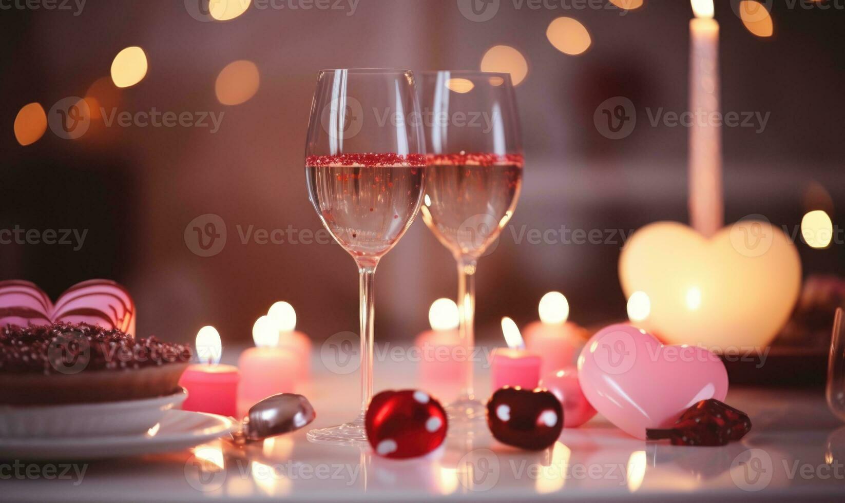 ai generato Due bicchieri di rosa vino e Due a forma di cuore cioccolato caramelle foto