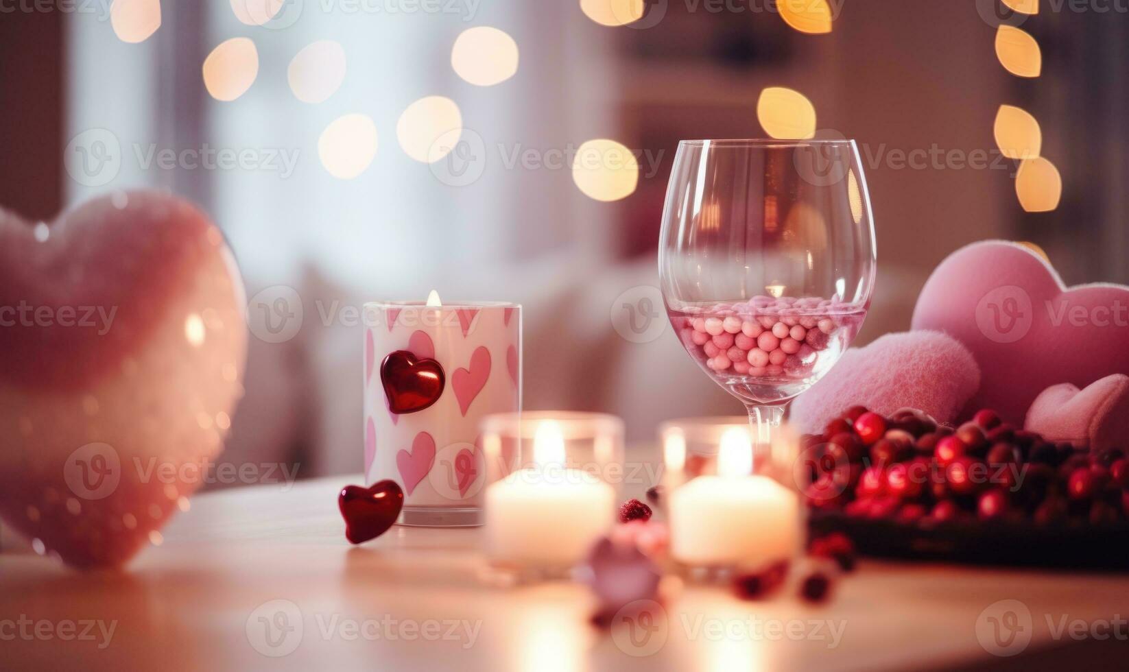 ai generato un' bellissimo impostato con Due cristallo bicchieri con rosa vino su tavolo, ardente candele e decorazione con cioccolato cuori. San Valentino giorno vacanza foto