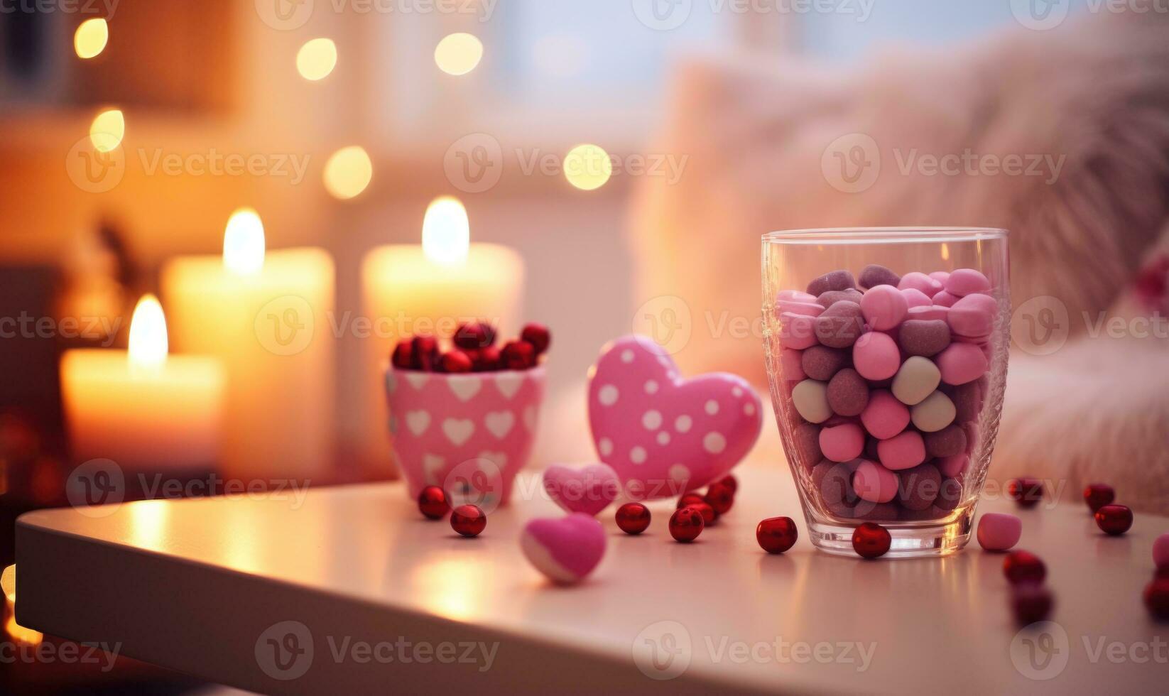 ai generato ardente candele nel camera decorato per San Valentino giorno, avvicinamento foto