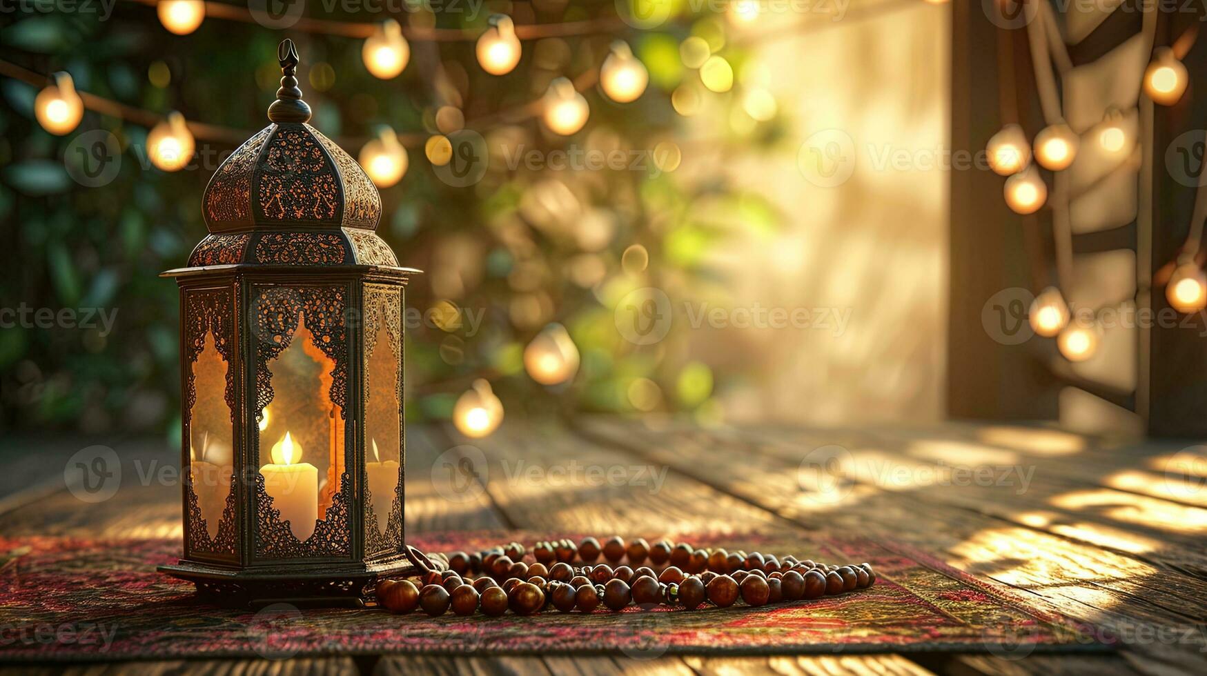 ai generato Arabo lanterna e rosario perline su di legno tavolo, ai generativo foto