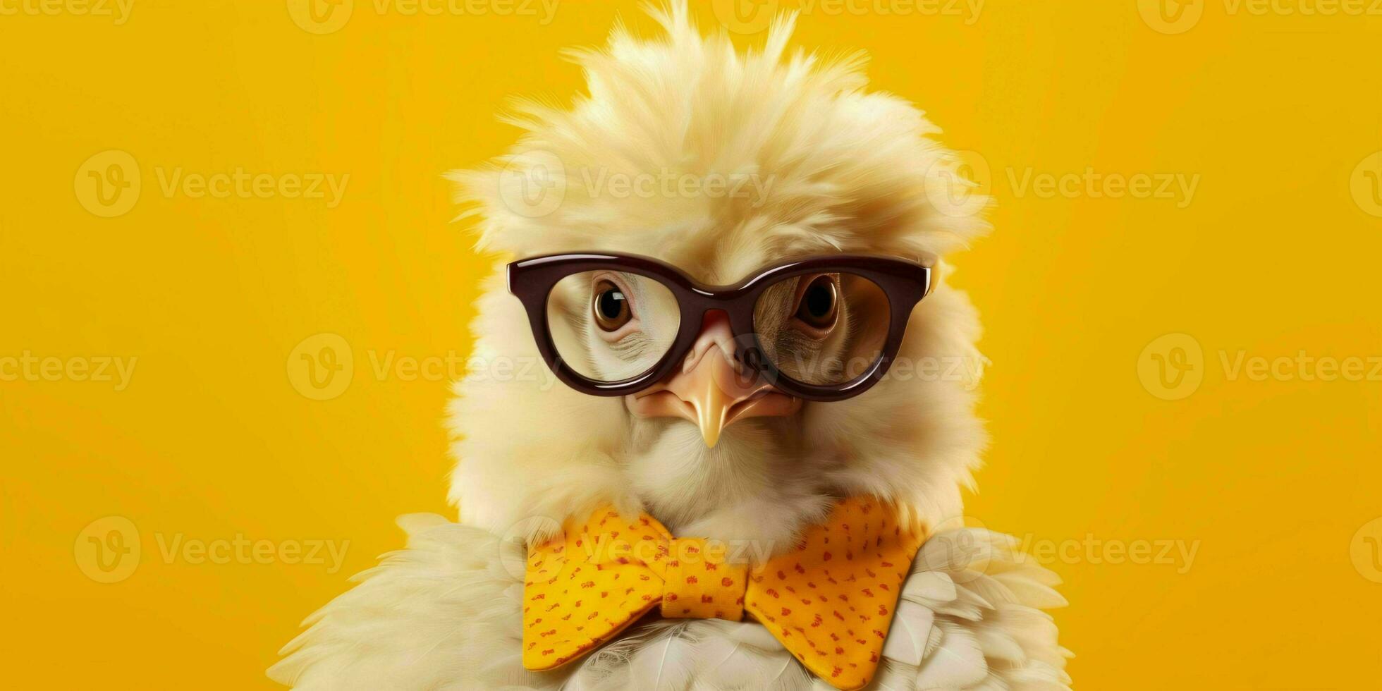 ai generato carino e divertente pollo indossare bicchieri e casuale vestito. generativo ai foto