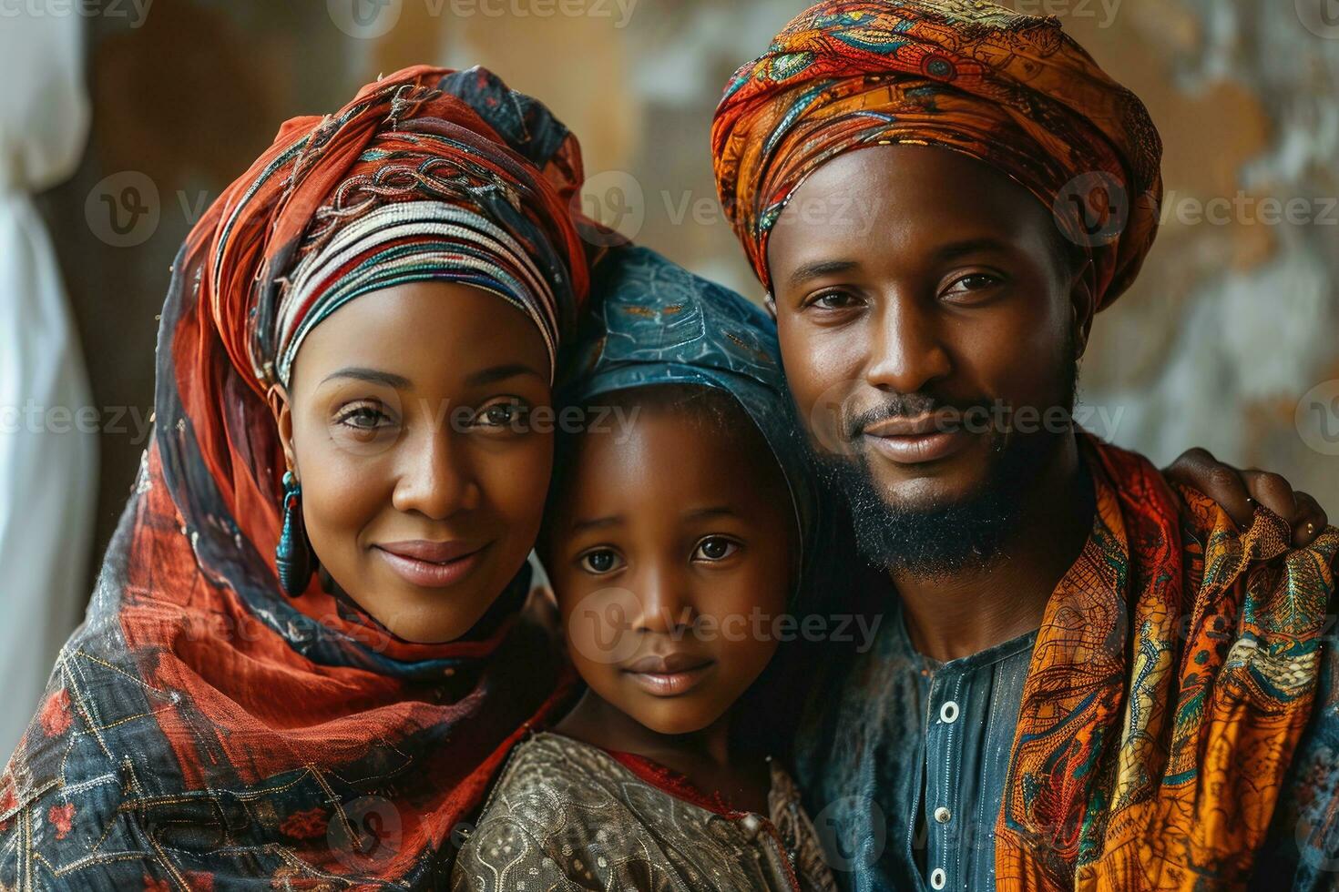 ai generato ritratto di un' contento africano musulmano famiglia nel tradizionale Abiti. generativo ai foto