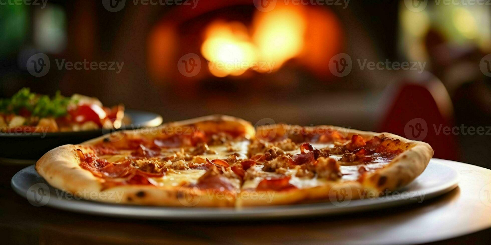 ai generato gustoso Pizza su di legno tavolo con sfocato fantasia sfondo. generativo ai foto