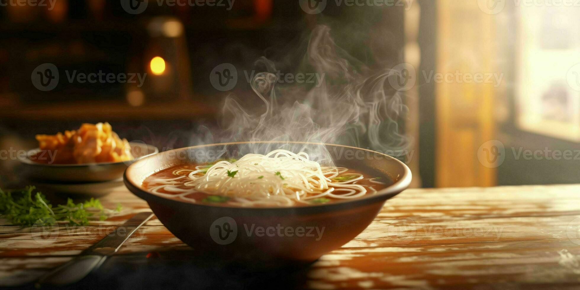 ai generato un' ciotola di caldo spaghetto la minestra su di legno tavolo. generativo ai foto