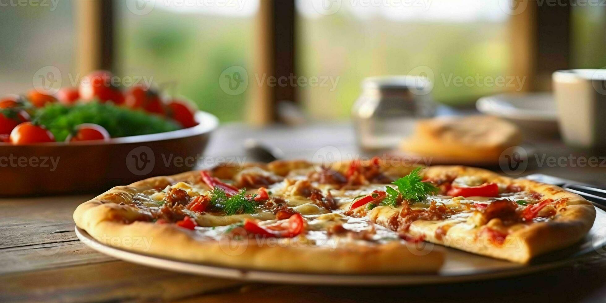 ai generato gustoso Pizza su di legno tavolo con sfocato fantasia sfondo. generativo ai foto