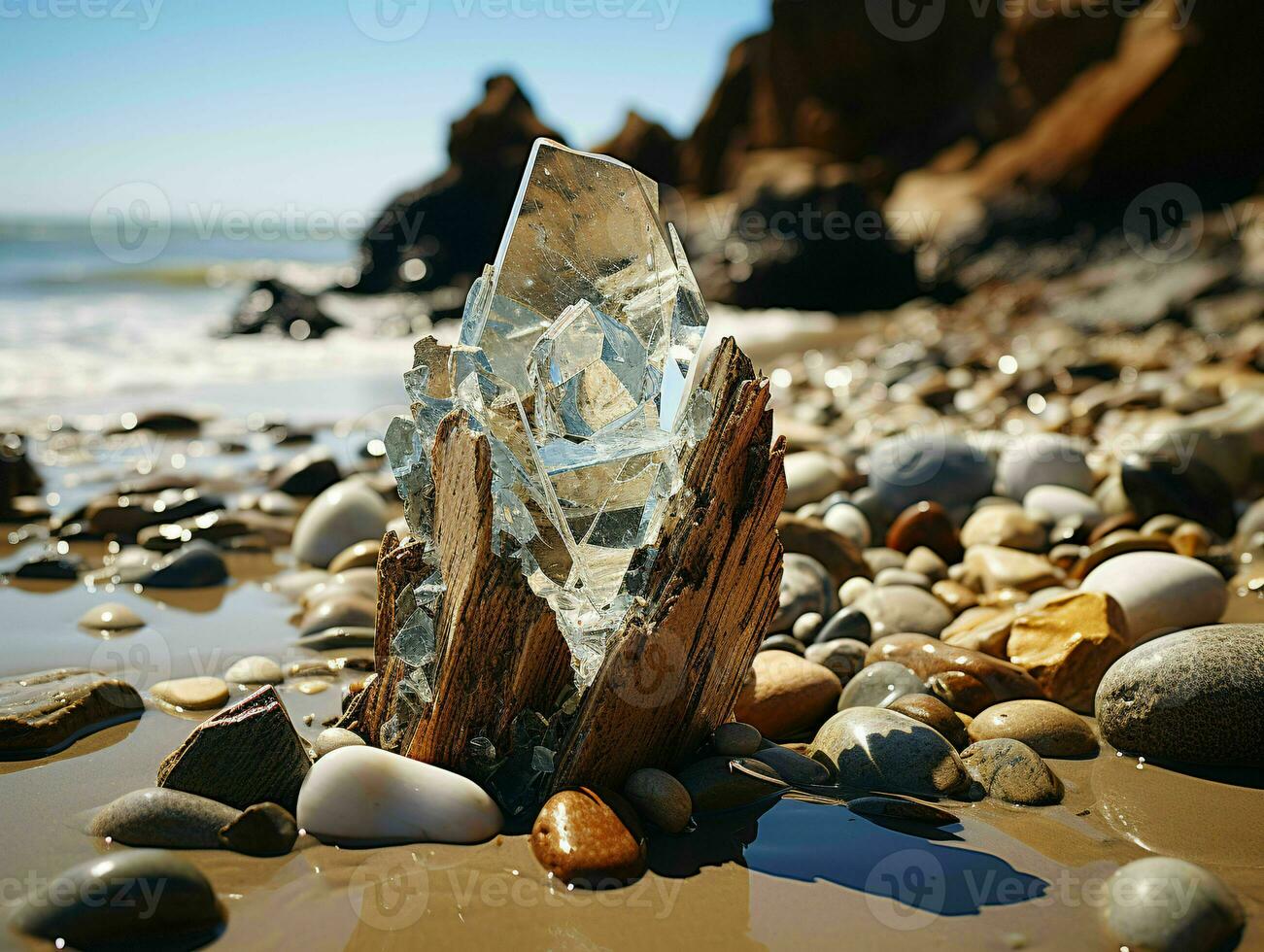 ai generato brillante mare bicchiere su il spiaggia. pietra preziosa. generativo ai foto