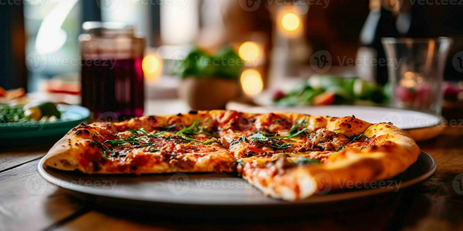 ai generato gustoso Pizza su di legno tavolo con sfocato fantasia sfondo. generativo ai foto