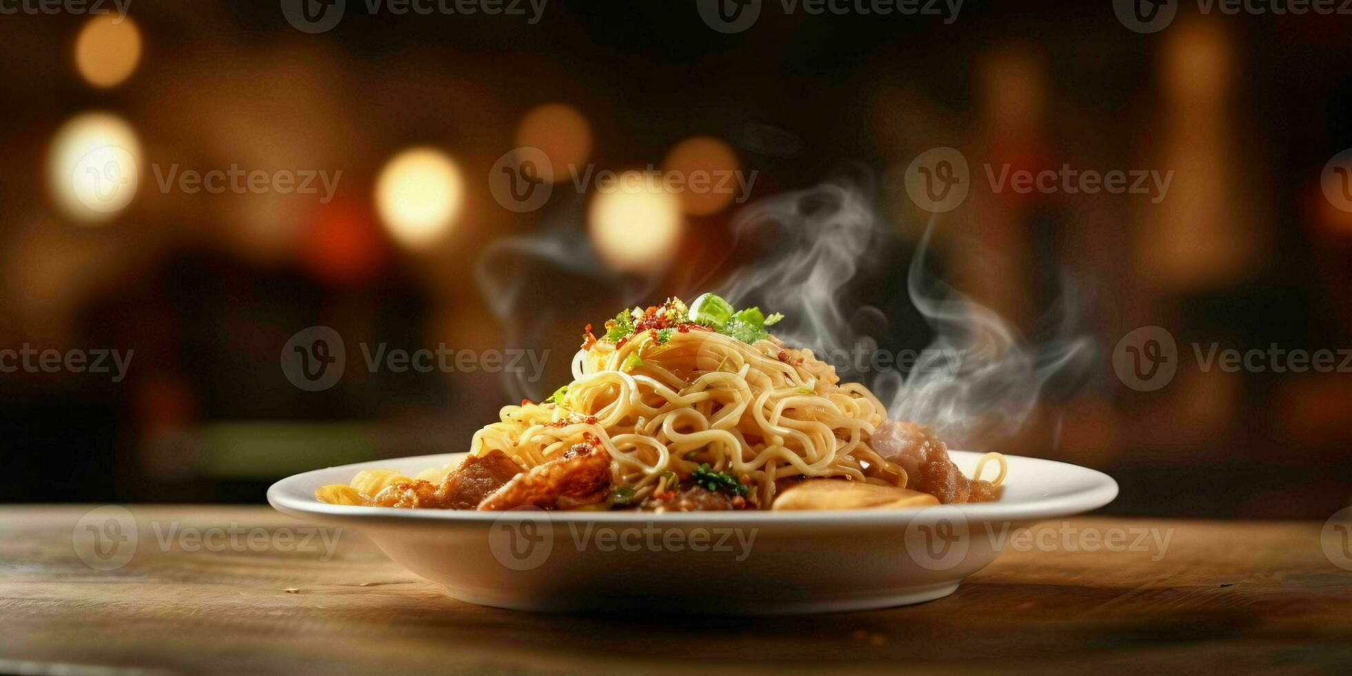 ai generato delizioso fritte spaghetto con fumoso effetto su un' di legno tavolo. generativo ai foto