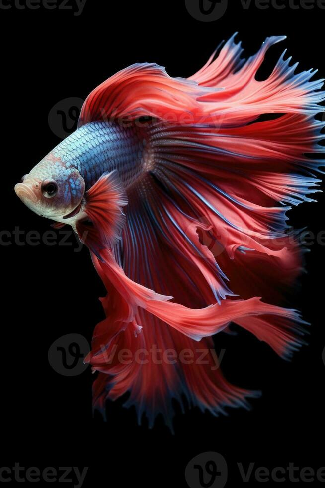 ai generato aggressivo siamese pesca pesce, betta con Multi vivace colori isolato nero sfondo foto