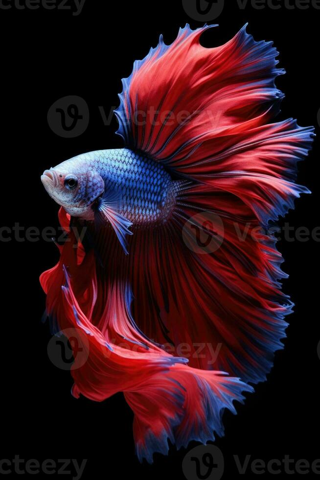 ai generato aggressivo siamese pesca pesce, betta con Multi vivace colori isolato nero sfondo foto