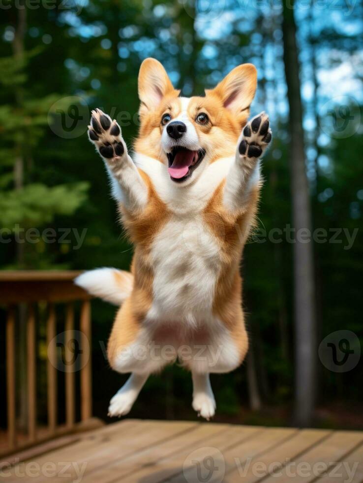 ai generato carino pembroke gallese corgi cane salto nel il Giardino dietro la casa su un' soleggiato giorno di fronte il telecamera foto