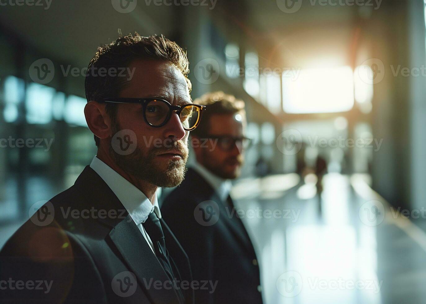 ai generato Due uomini d'affari a piedi a il corridoio di un ufficio, tramonto foto