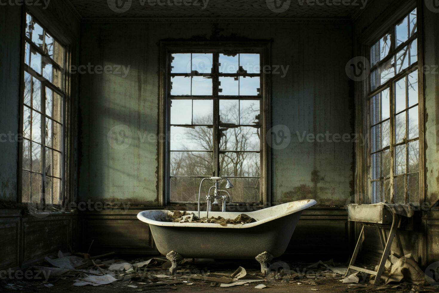 ai generato abbandonato vecchio bagno con arrugginito parete foto