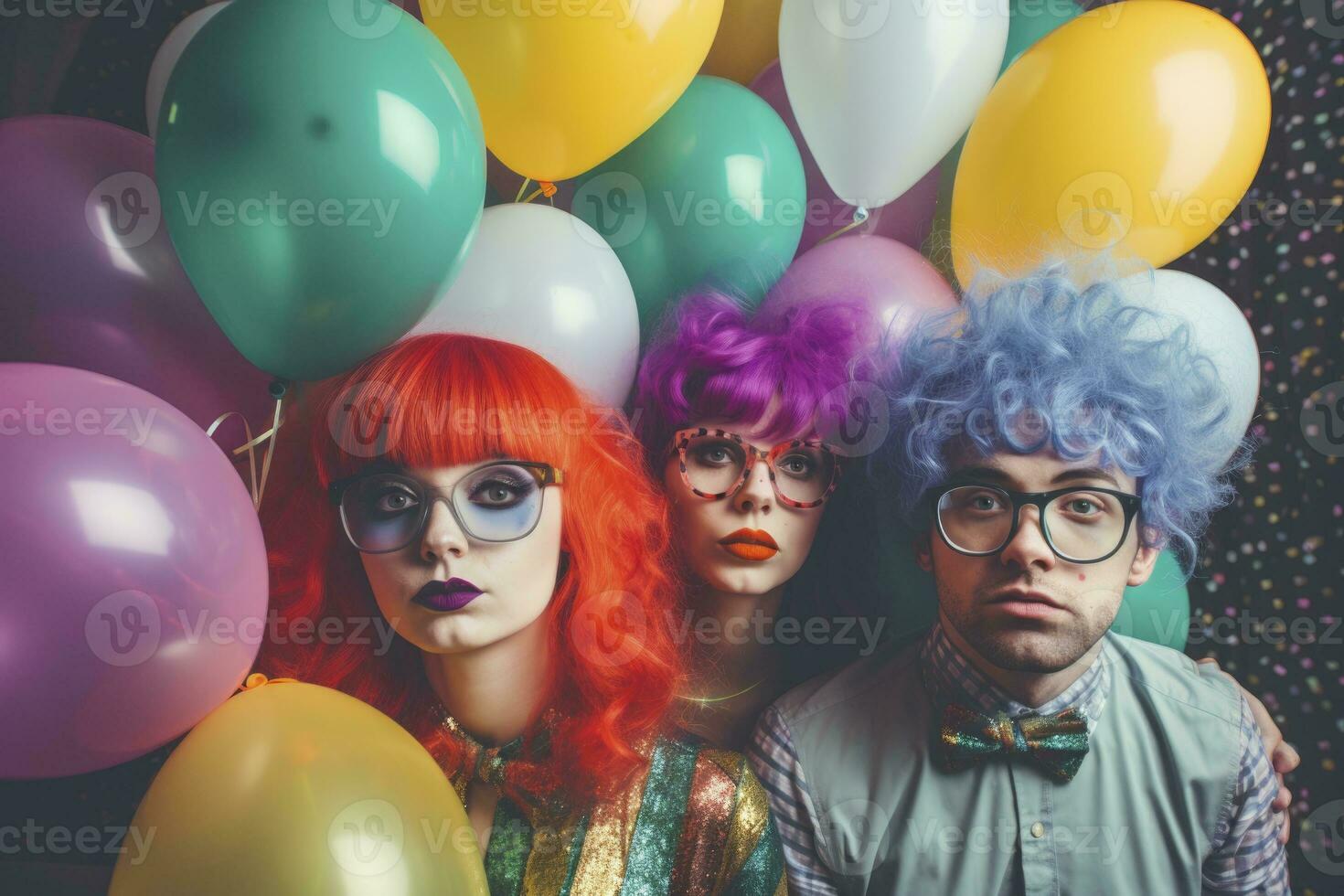 ai generato persone nel colorato parrucche vestito per festa con palloncini e coriandoli. generativo ai foto