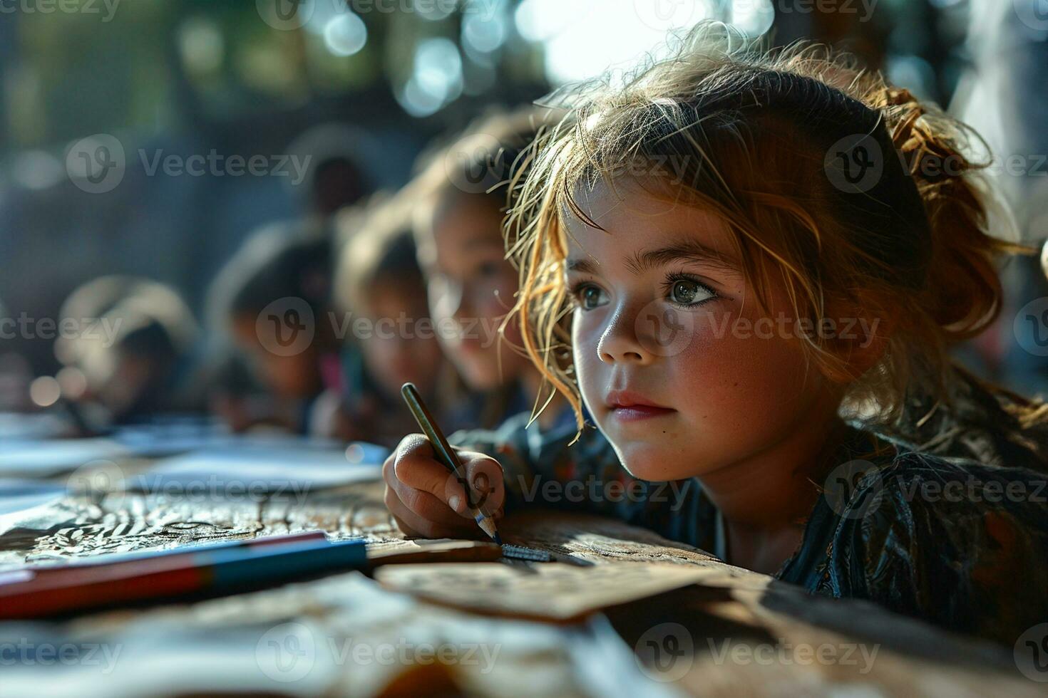 ai generato scuola materna bambini disegno un' natura oggetto a un' parco durante Alba foto