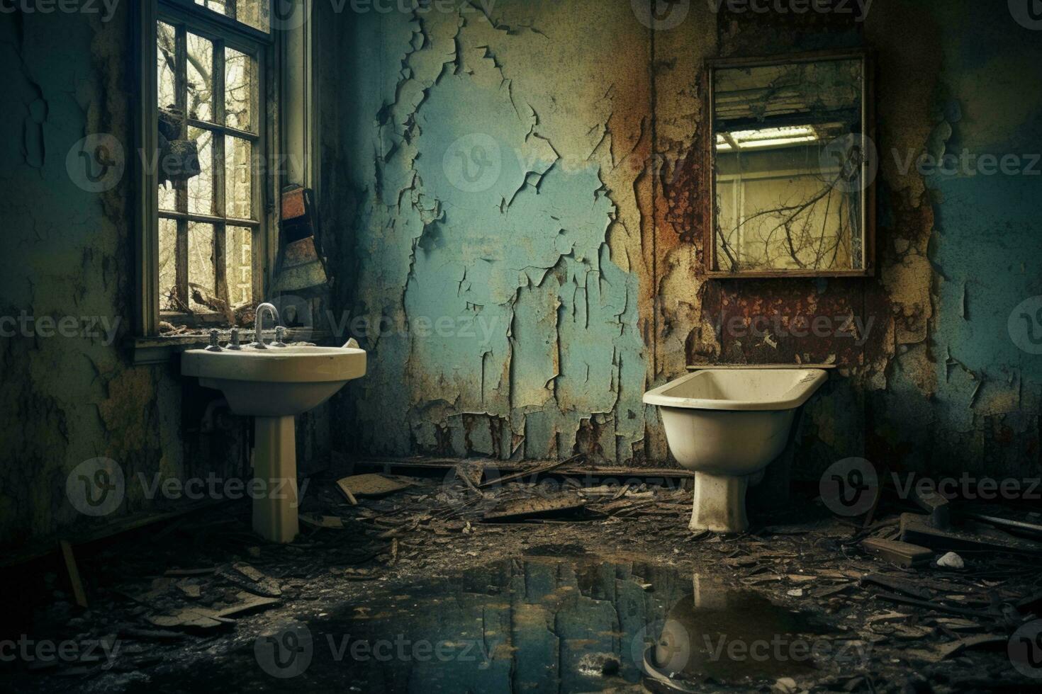 ai generato abbandonato vecchio bagno con arrugginito parete foto