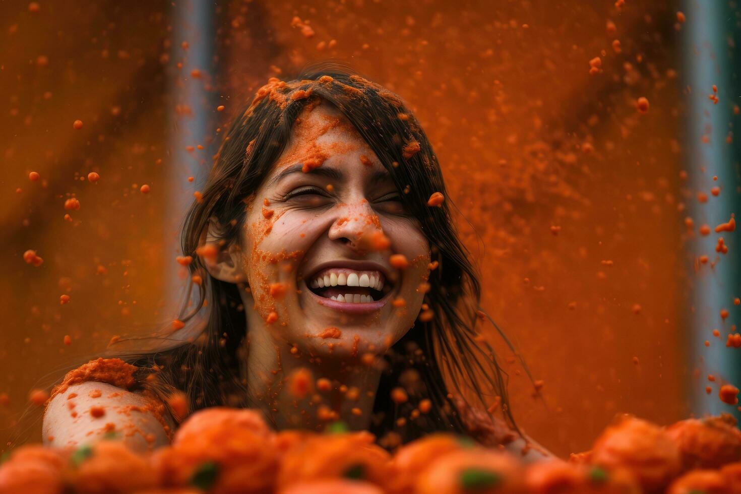 ai generato persone lanciando pomodori. estate Festival. persone urlando e ridendo. famoso Festival con pomodoro verdure. foto