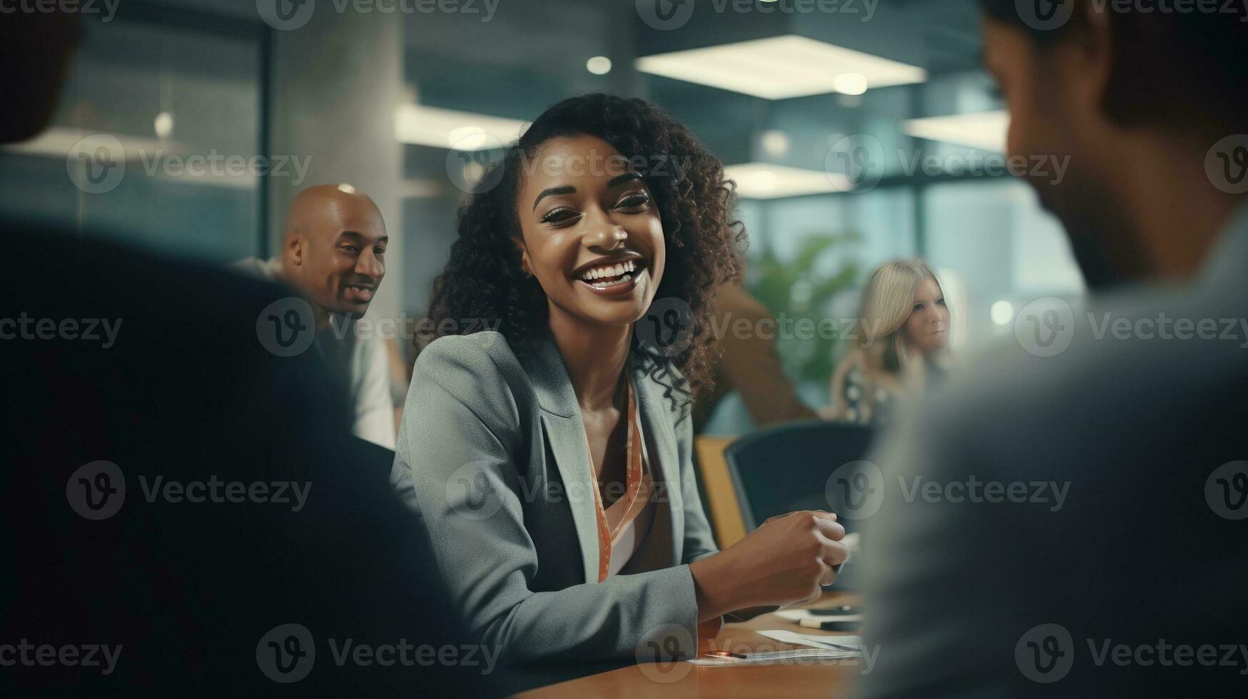 ai generato diversità nel comando. africano americano femmina empowering collaboratori a opera. supporto comando. africano americano femmina empowering squadra nel posto di lavoro foto