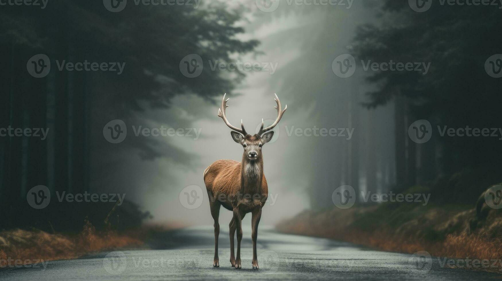 ai generato nebbioso mattina con cervo traversata, trasporto rischio nel nebbioso foresta circostante, natura attenzione. mattina nebbia incontrare. cervo attraversamento avvertimento su strada, natura pericoli foto