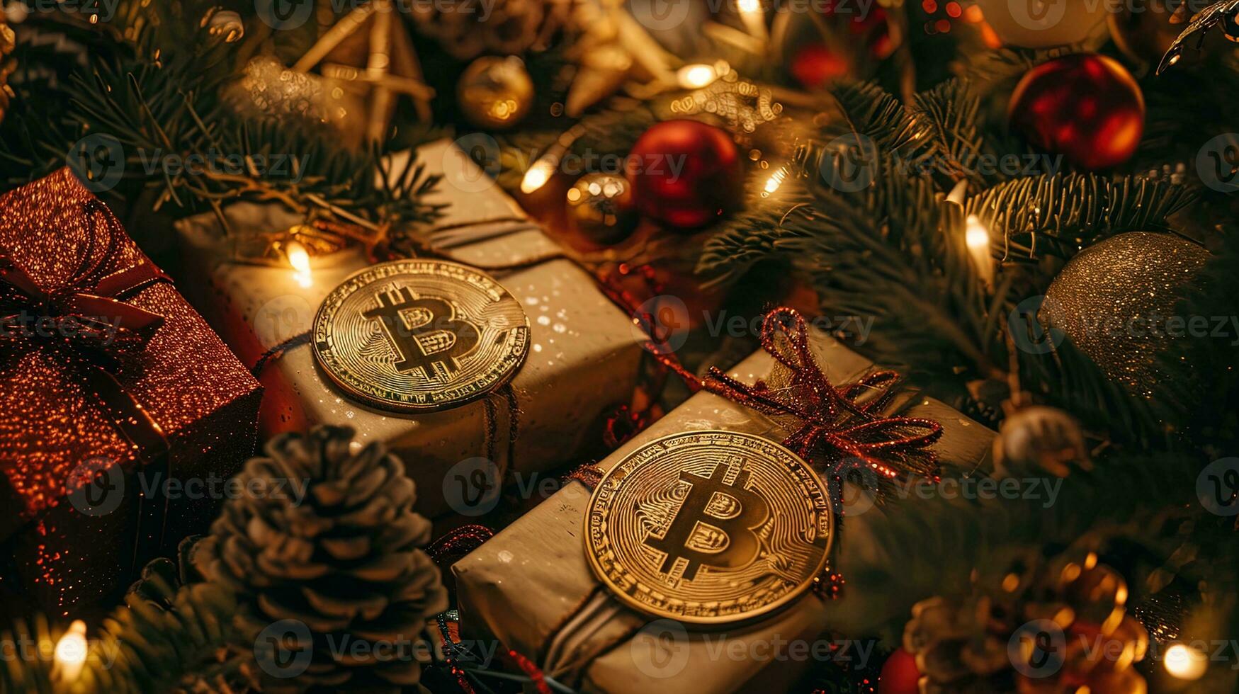 ai generato d'oro bitcoin su un' Natale albero con i regali e un' ghirlanda, ai generativo foto