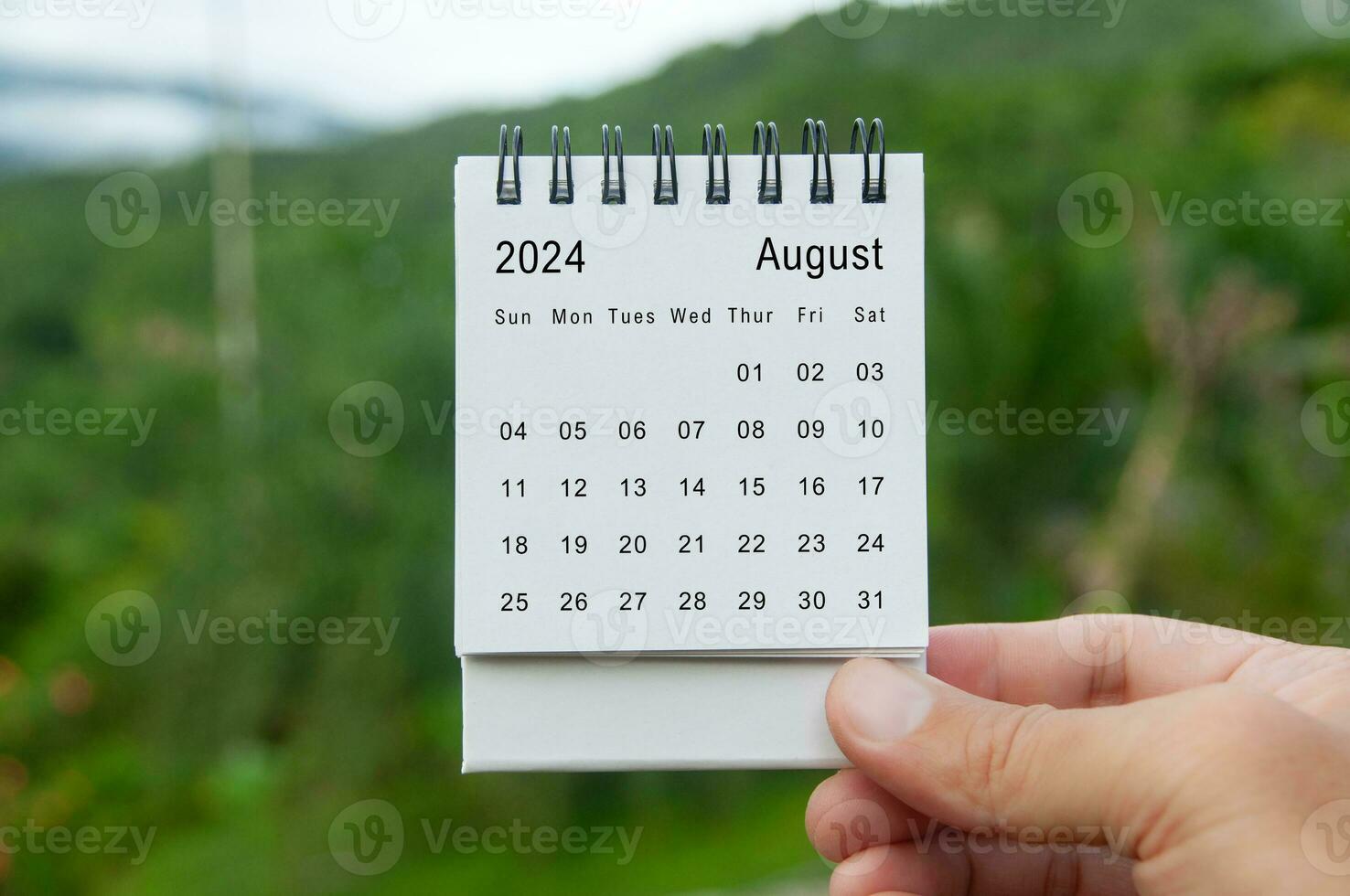 mano Tenere agosto 2024 bianca calendario con natura sfondo. vacanza e calendario concetto foto