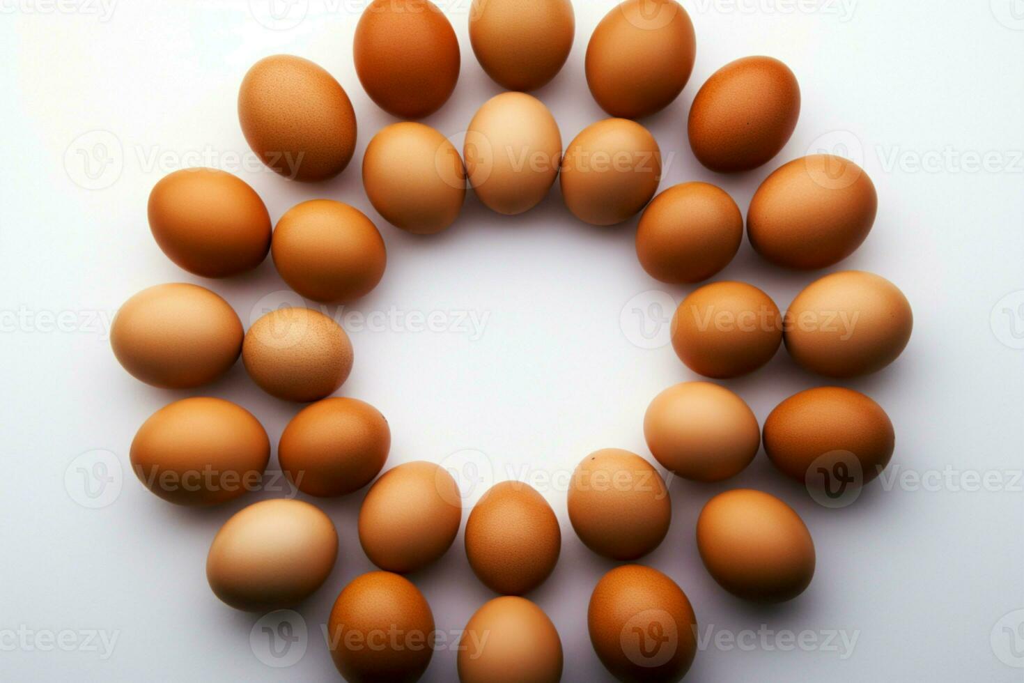 ai generato uovo alone cerchio di Marrone pollo uova, acuto preparativi su bianca foto