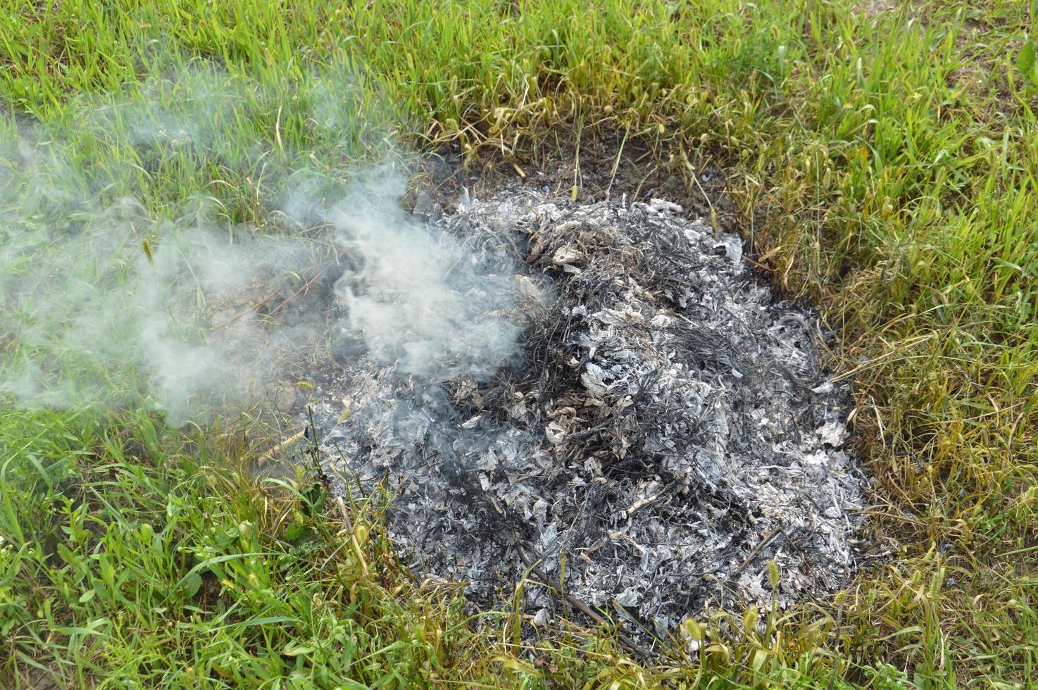 un falò con piante secche sta bruciando su un terreno con fuoco e fumo foto