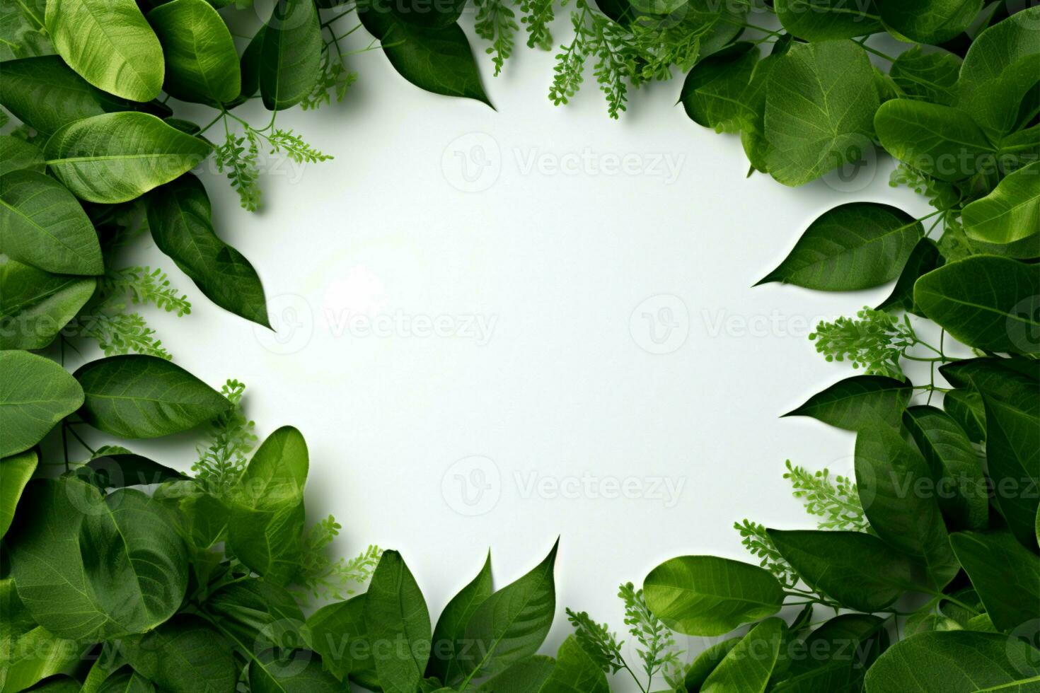 ai generato circolare telaio di verde le foglie con centrale bianca spazio, flatlay foto