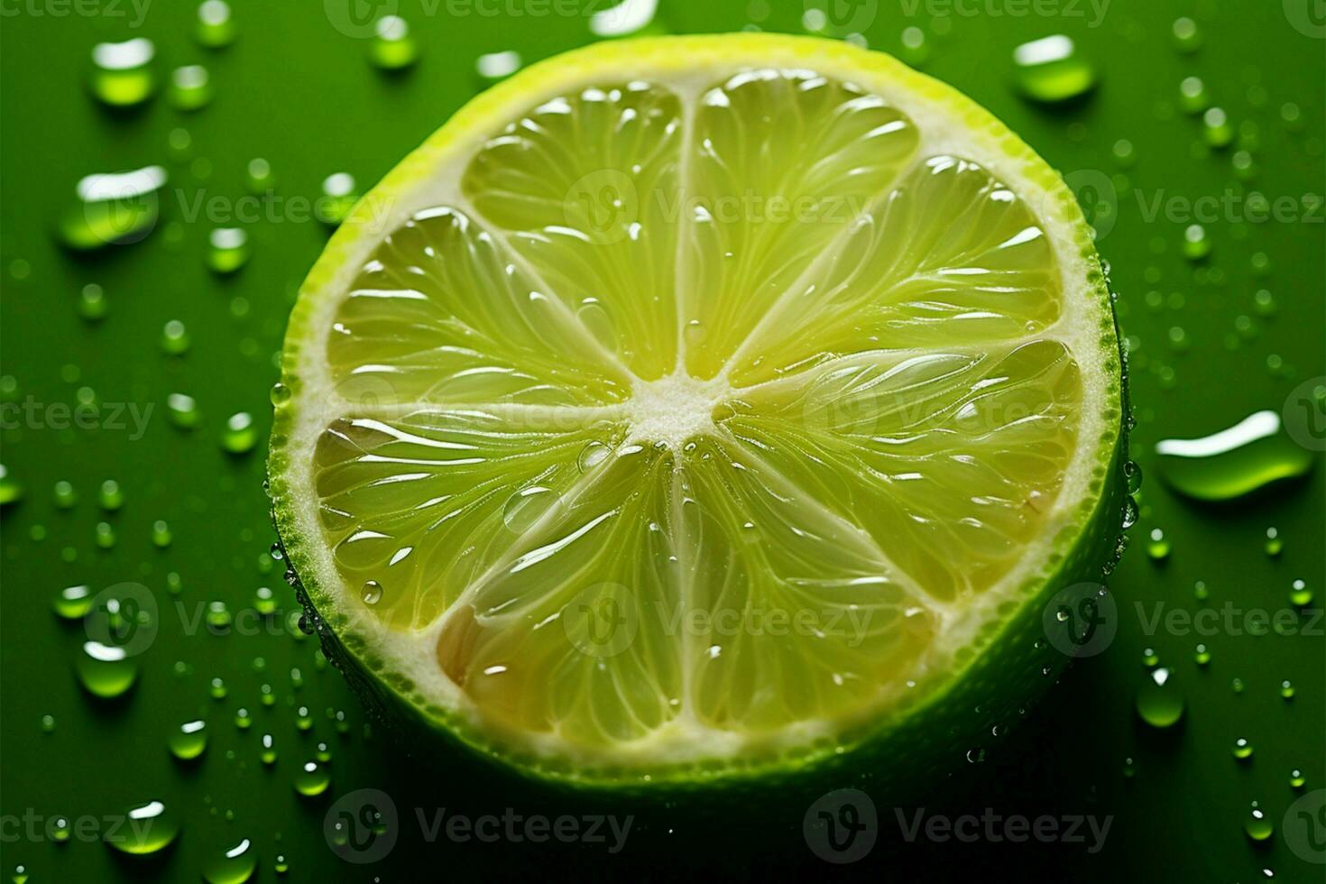 ai generato lime splendore fresco lime fetta con acqua far cadere, verde sfondo foto