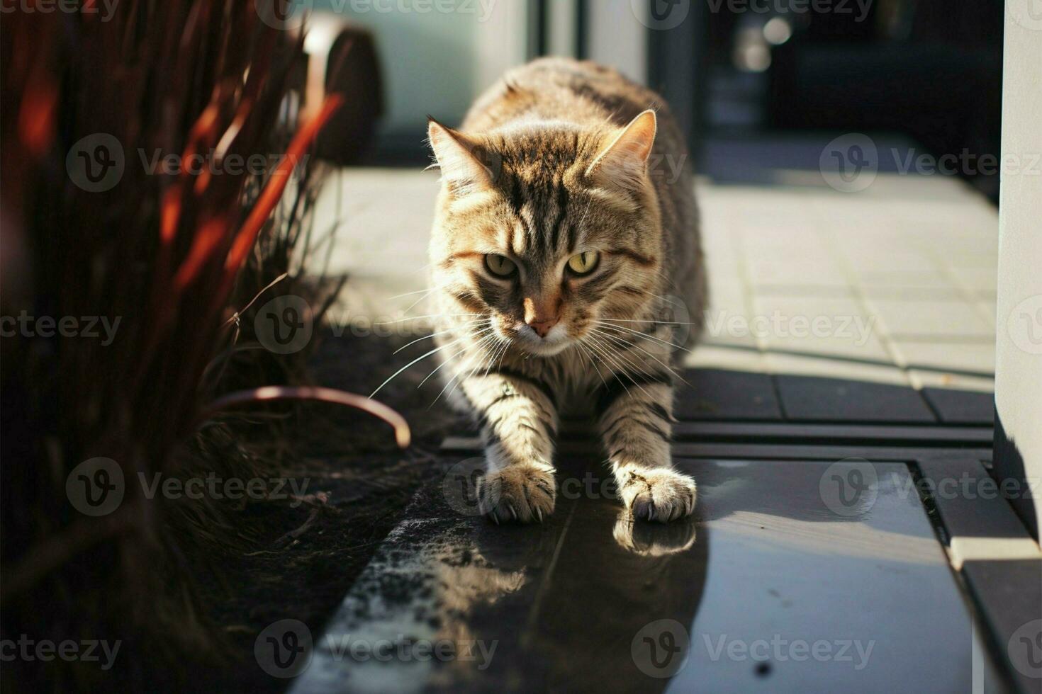 ai generato rosso gatto nel il aprire, occhi lettura il all'aperto ambiente foto