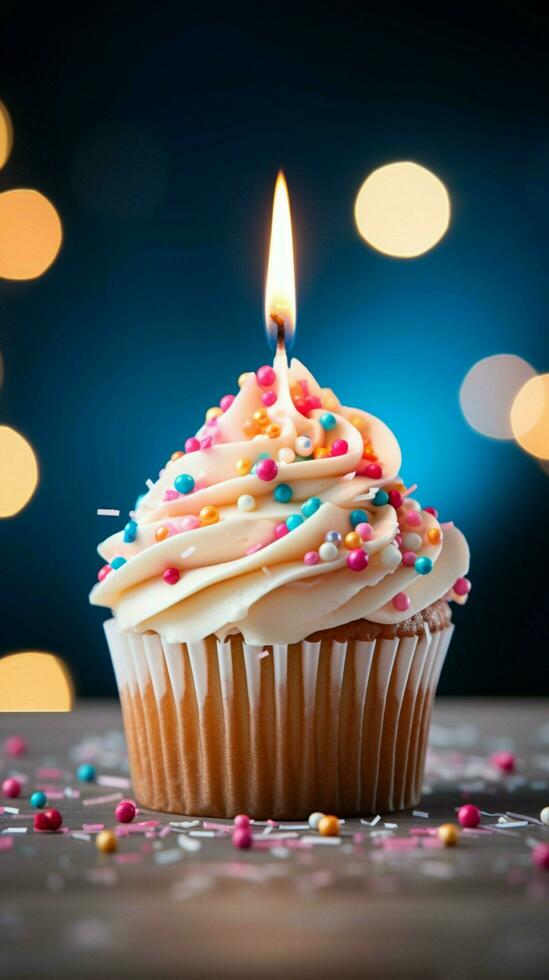 ai generato delizioso compleanno Cupcake su un' tavolo, avvicinamento, leggero sfondo verticale mobile sfondo foto