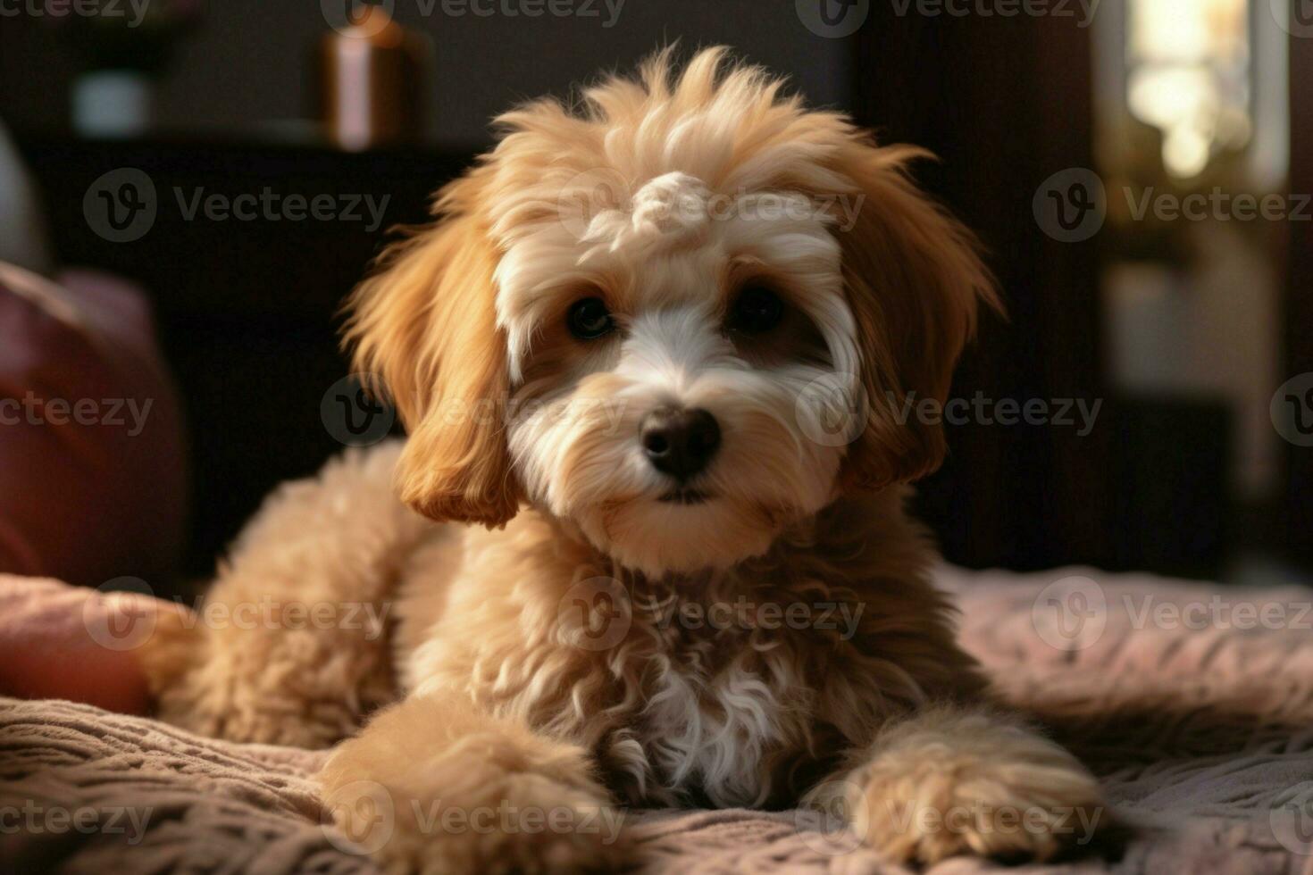 ai generato a casa fascino adorabile barboncino cane su il accogliente vivente camera tappeto foto