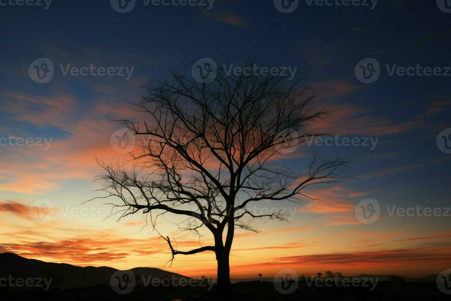 ai generato nature addio silhouette di un' spoglio albero a incantevole tramonto foto