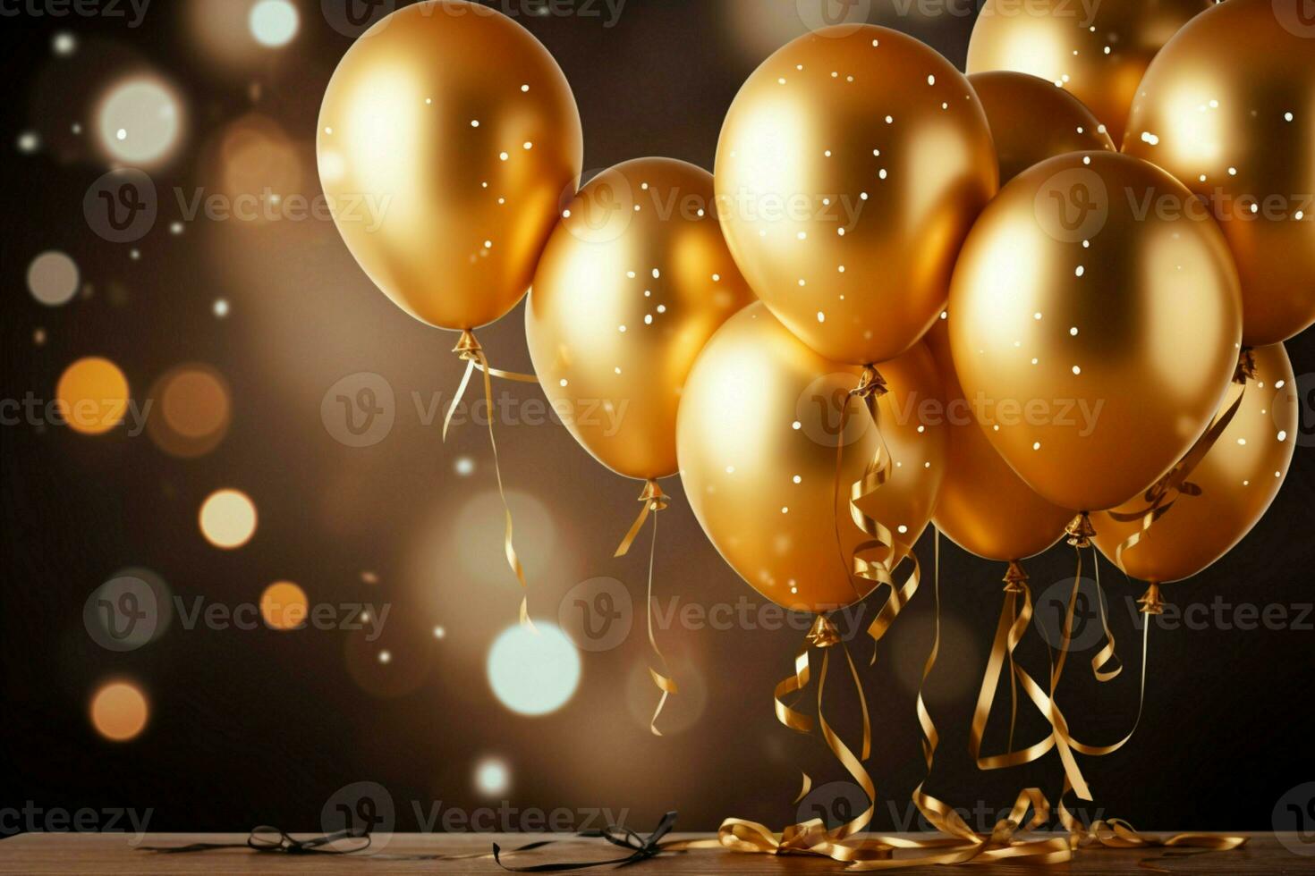 ai generato festivo 3d interpretazione d'oro palloncini con nastri e coriandoli su bokeh foto