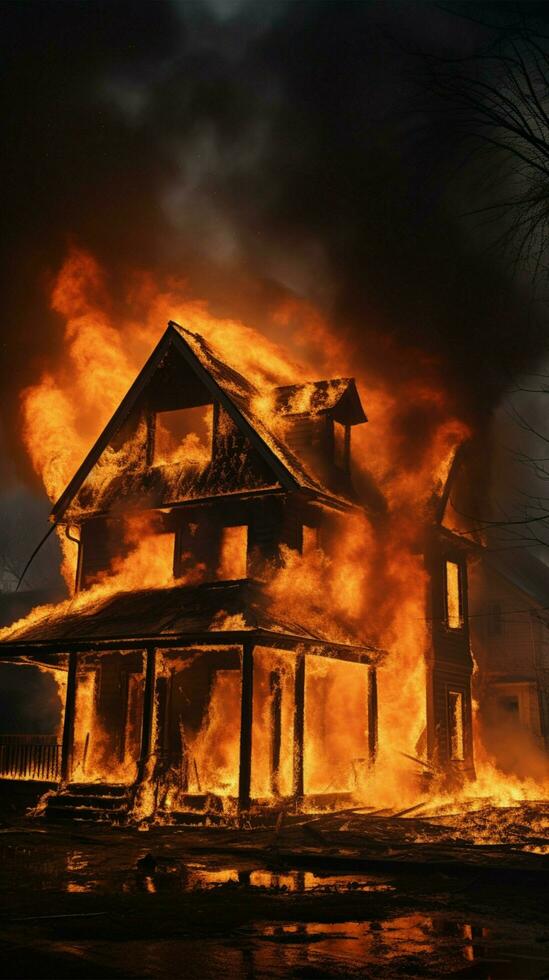 ai generato sfolgorante residenza, fiamme divorando un anziano Casa nel un' conflagrazione verticale mobile sfondo foto