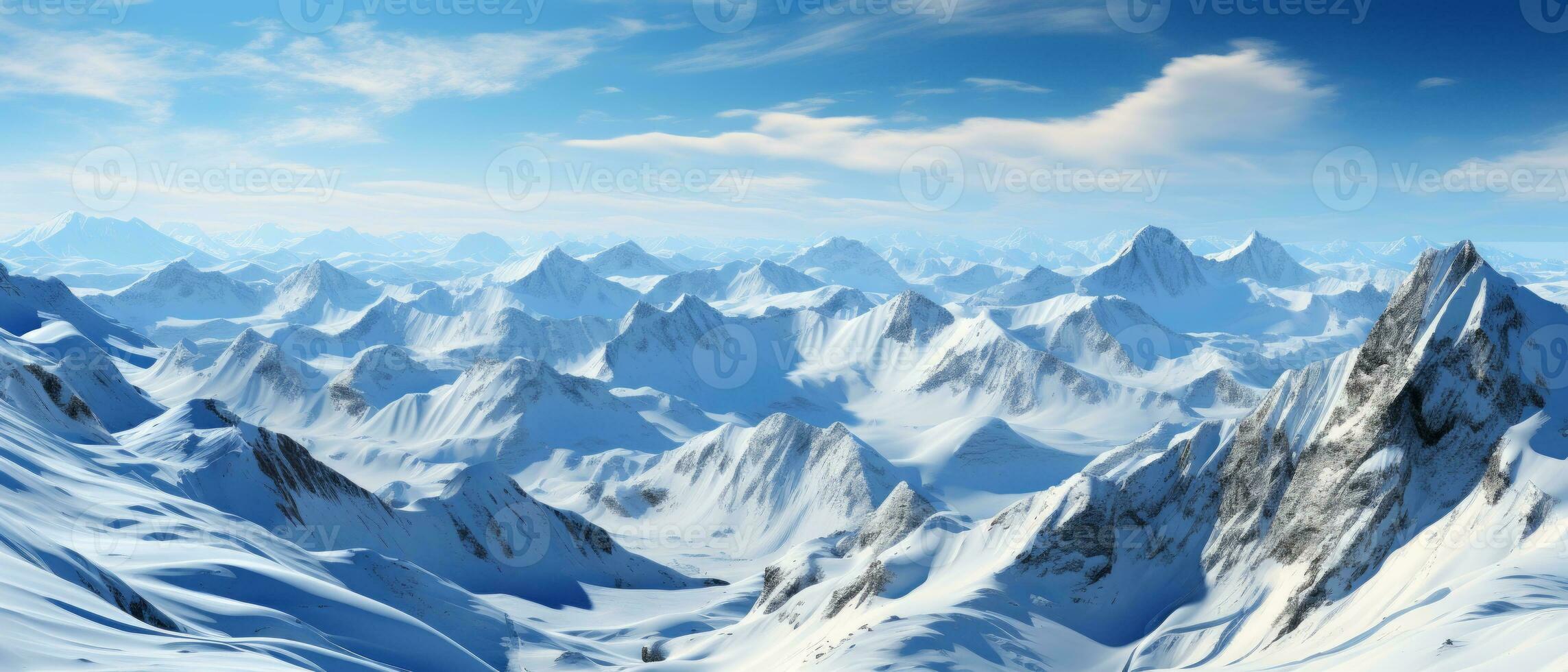 ai generato mozzafiato Visualizza di bianca, nevoso montagne sotto il sole, offerta un' Perfetto ambientazione per un' inverno vacanza o sciare ricorrere avventura. foto