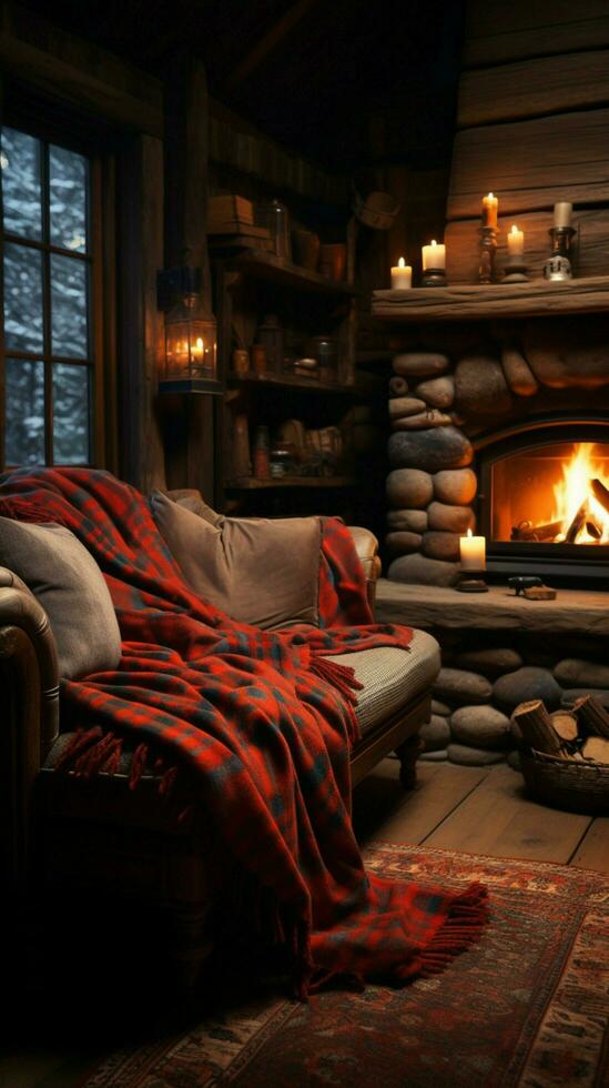 ai generato inverno cabina intimità ruggente il camino, flanella coperte nel accogliente interno verticale mobile sfondo foto