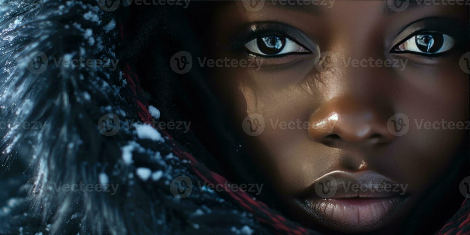 ai generato etereo bellezza nel inverno, donna con Impressionante occhi. ai generativo. foto