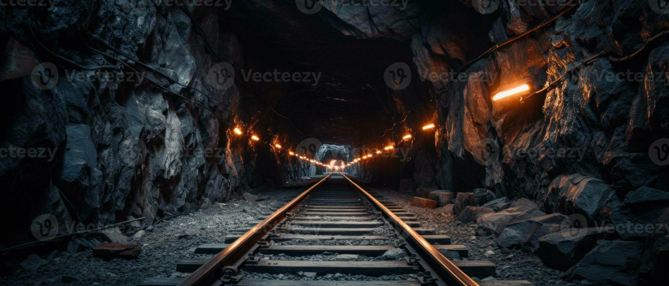 ai generato tramonto illuminante un' Ferrovia tunnel. ai generativo. foto