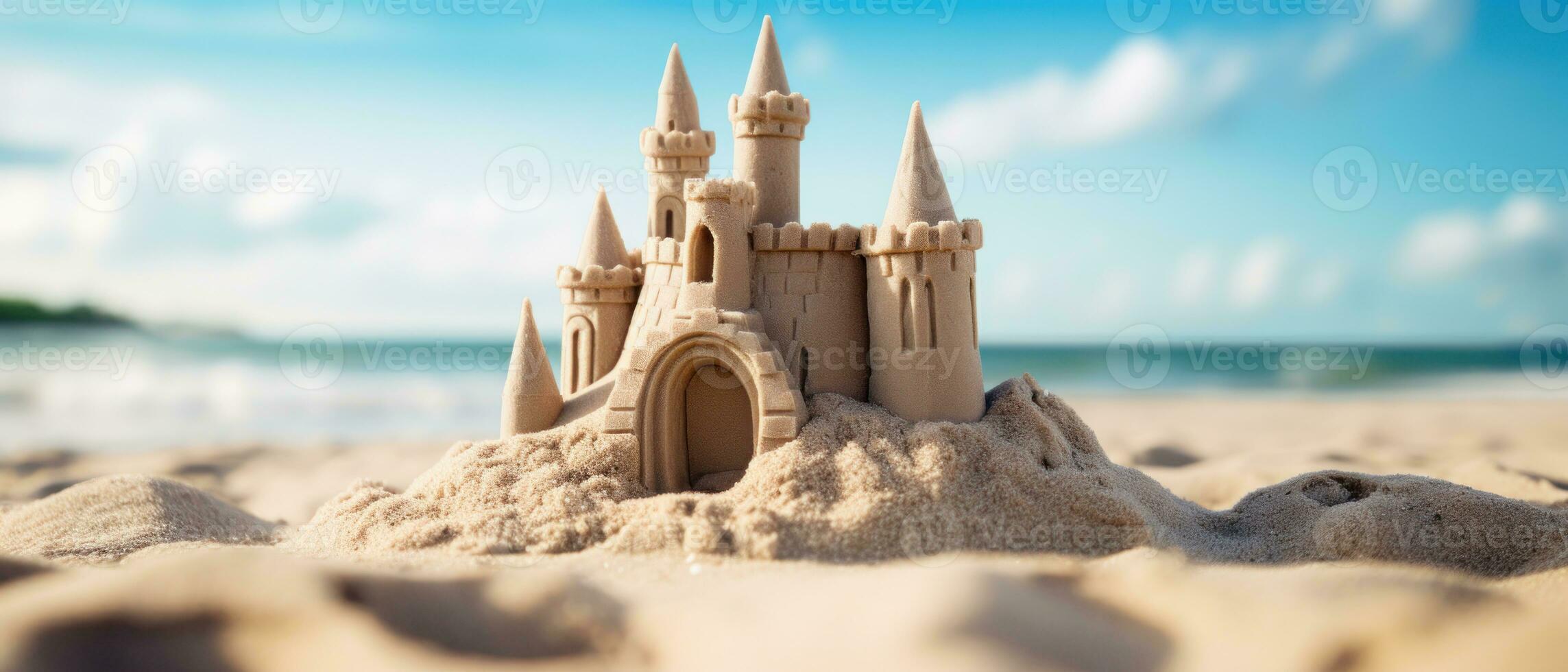 ai generato meticolosamente artigianale castello di sabbia contro il oceano. ai generativo. foto