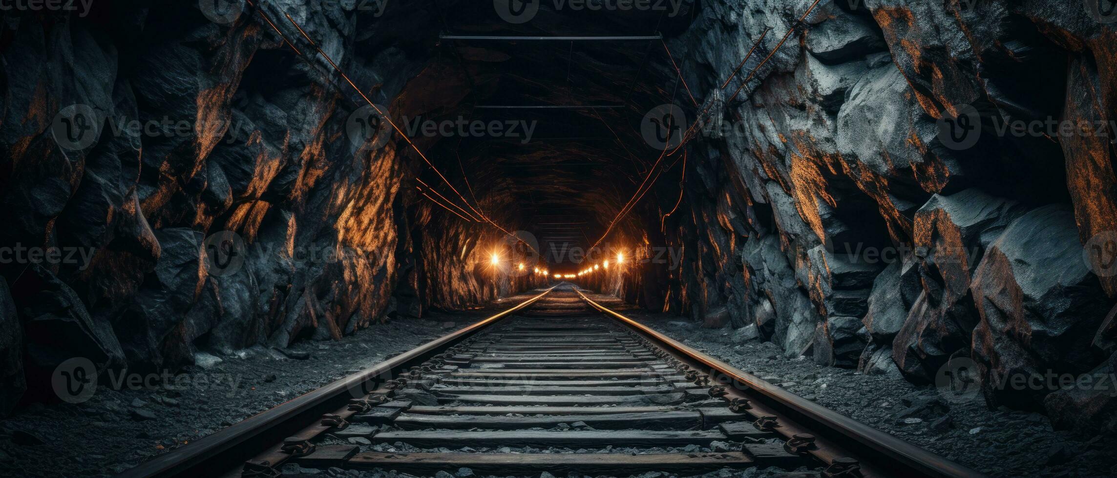 ai generato tramonto illuminante un' Ferrovia tunnel. ai generativo. foto