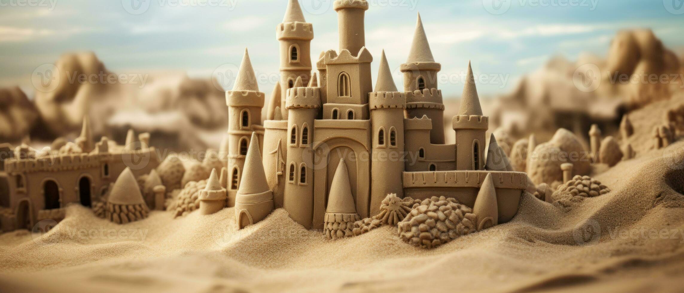 ai generato magnifico sabbia castello su d'oro sabbia, con intricato torri. ai generativo. foto