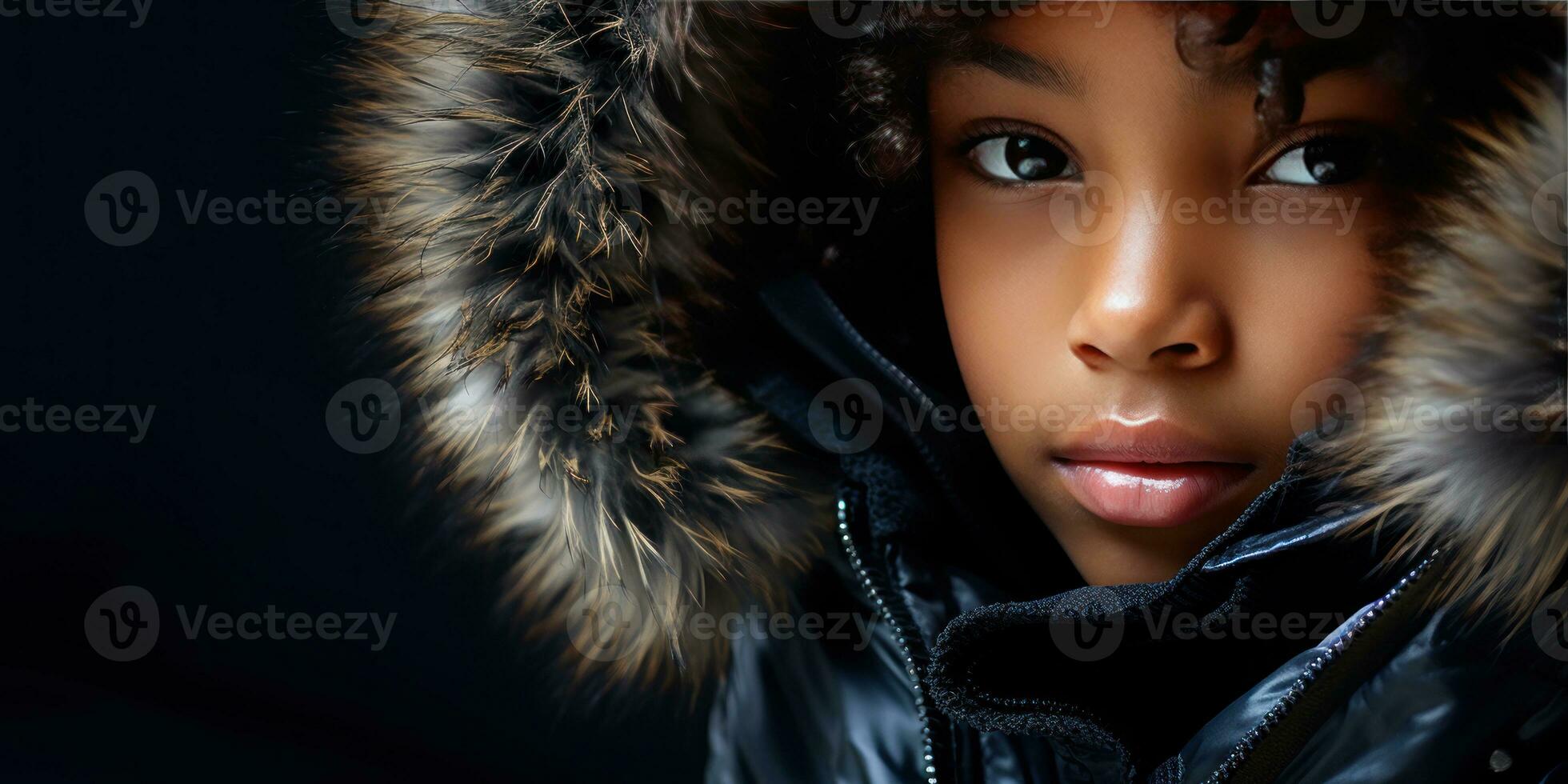 ai generato avvicinamento di un' giovane nero ragazza nel un' lussuoso pelliccia incappucciato cappotto. ai generativo. foto