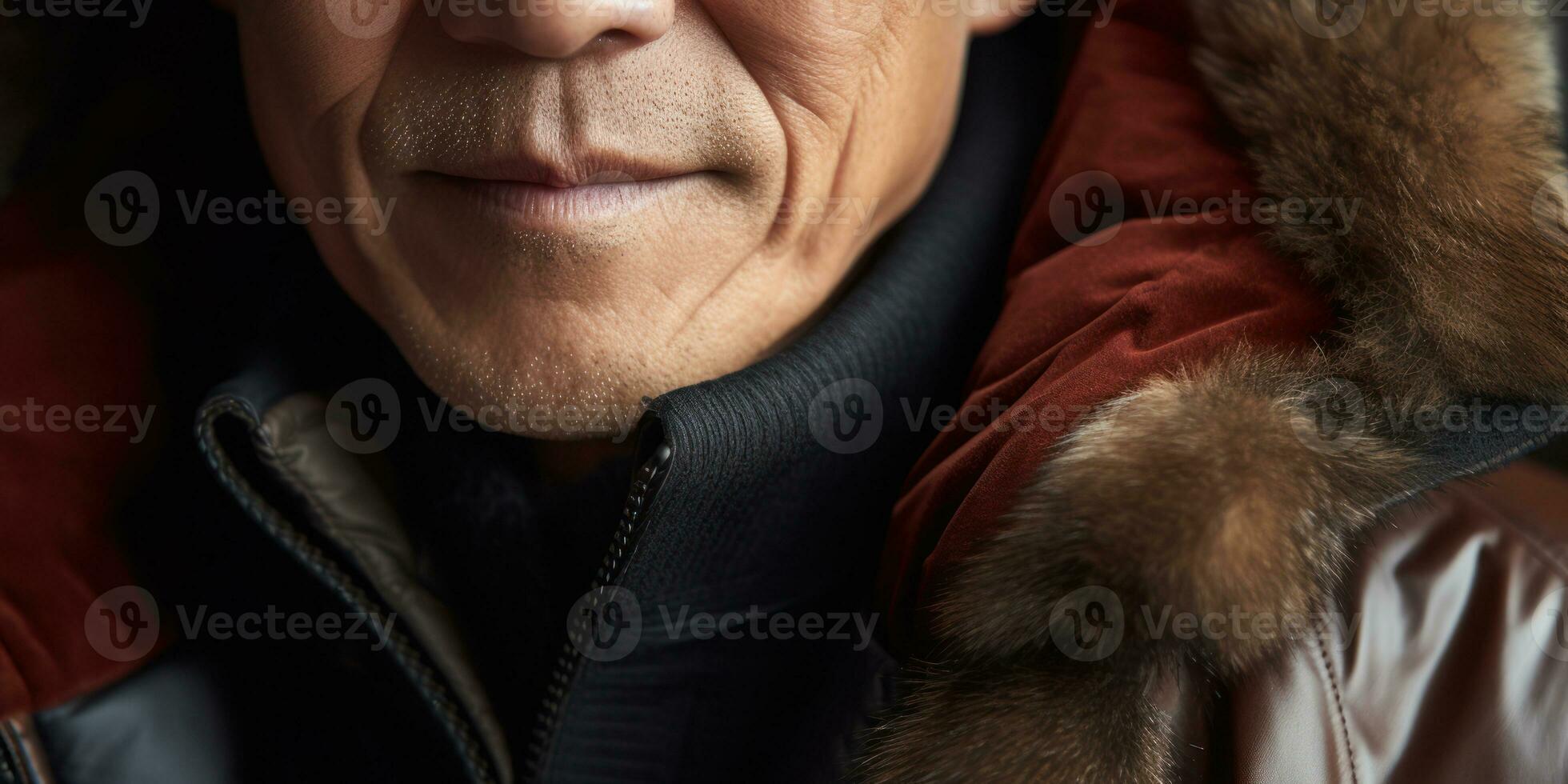 ai generato elegante più vecchio uomo nel lussuoso pelliccia cappotto, con un' casuale Marrone giacca. ai generativo. foto