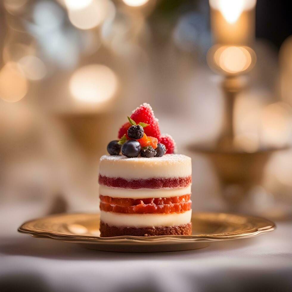 ai generato un' piccolo torta con frutti di bosco su superiore su un' oro piatto foto