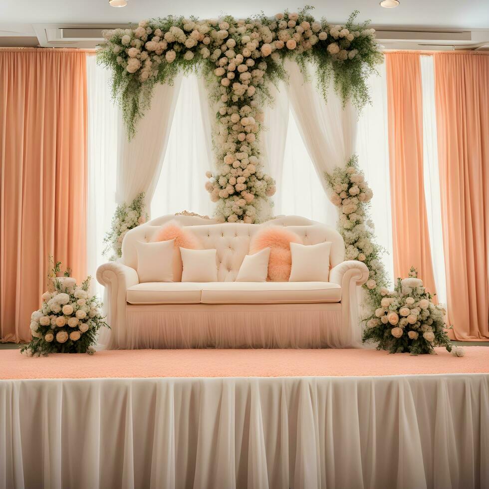 ai generato un elegante nozze palcoscenico con un' bianca divano e floreale decorazioni foto