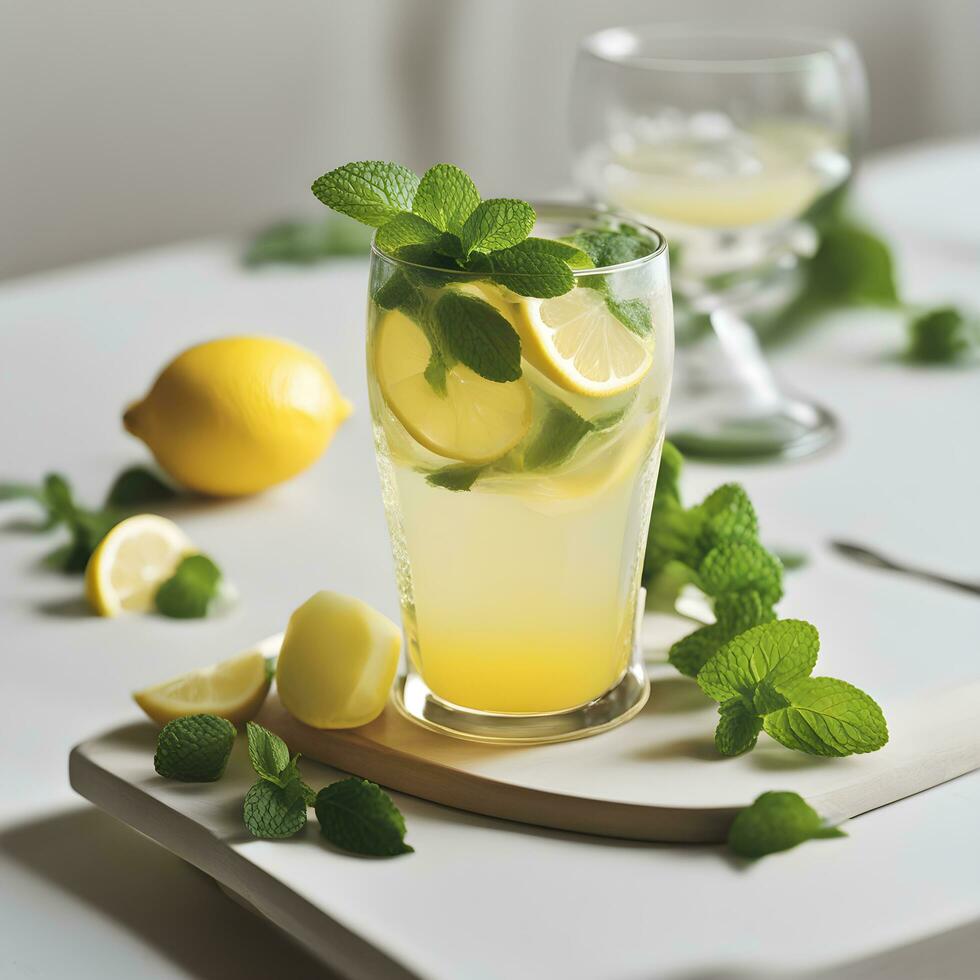 ai generato un' bicchiere di limonata con menta le foglie su un' tavolo foto